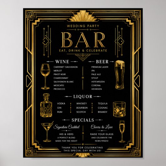 Menu de la fête de mariage Art Déco Bar Vin Bière (Devant)