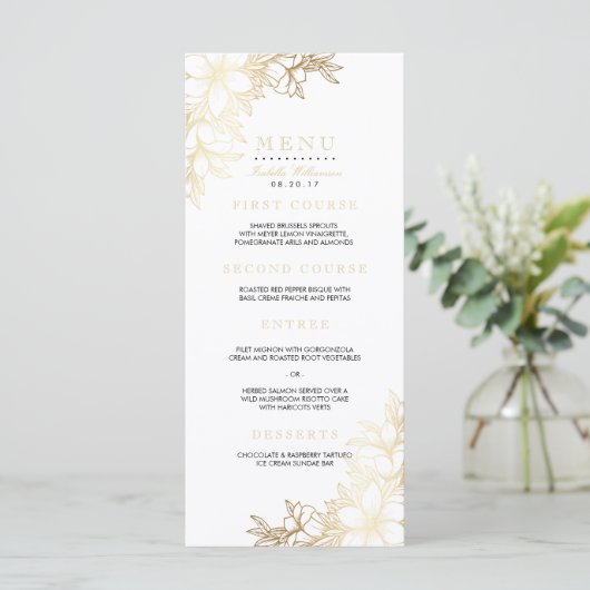 Menu de la partie fiançale florale blanche et or (Debout devant)