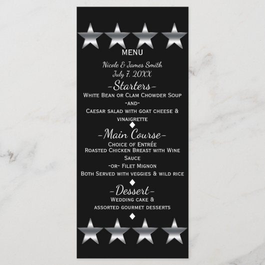 Menu de la soirée Hollywood Glam Black & Silver St (Devant)
