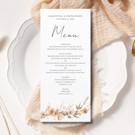 Menu de la table de mariage aux fleurs sauvages