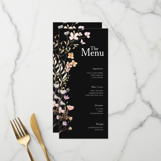 Menu de l'événement Mariage Fleurs noires Décor de (Devant/Arrière en situation)