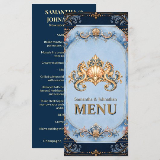 Menu de luxe plage hippocampe coquillage vintage (Devant / Derrière)