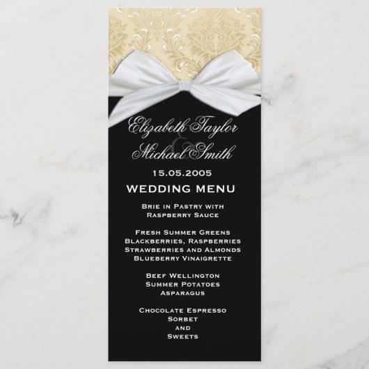 Menu de luxe Ribbon Black Gold Mariage damassé (Devant)