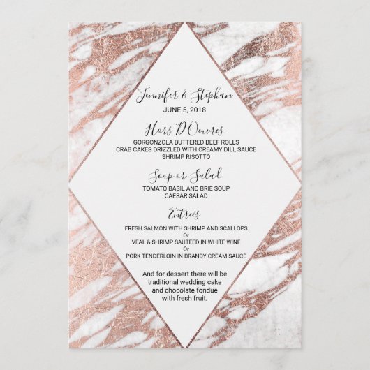 Menu de marbre moderne blanc de mariage d'or rose (Devant)