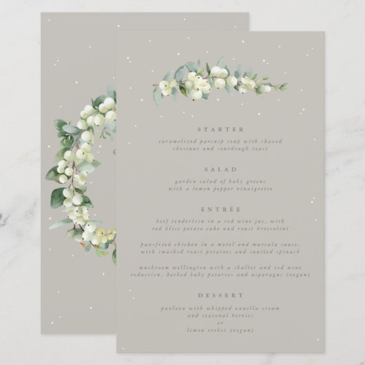 Menu de mariage 4 services Greige Snowberry + Euca (Devant / Derrière)