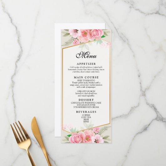 Menu de mariage à bordure de rose rose élégant (Devant/Arrière en situation)
