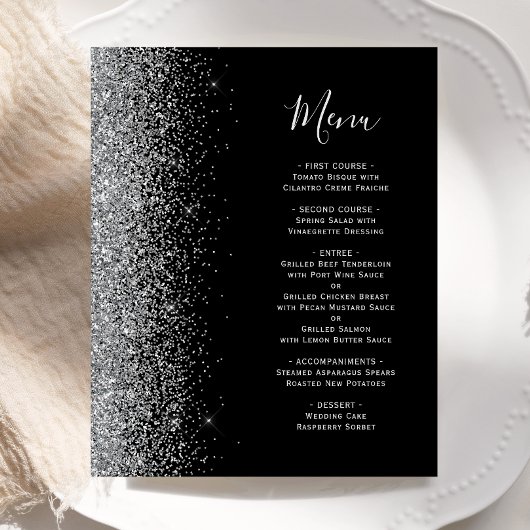 Menu de mariage à bordure pailletée argent noir bu