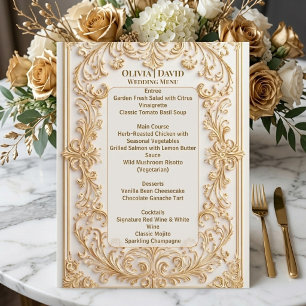 Menu de mariage à cadre floral baroque en or et iv