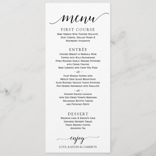 Menu de mariage à calligraphie romantique | 4 x 9 (Devant)