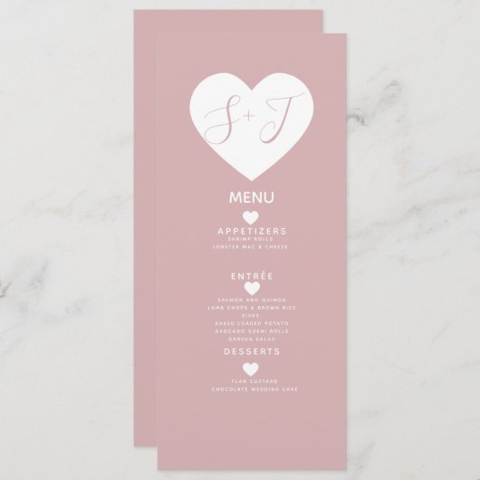 Menu de mariage à cœur blanc minimal rose (Devant / Derrière)