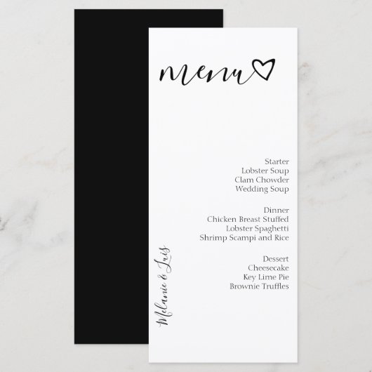 Menu de mariage à coeur noir et blanc  (Devant / Derrière)