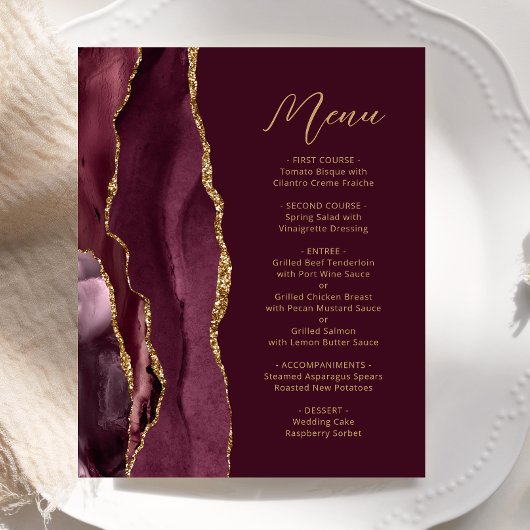Menu de mariage à écriture en agate dorée de Bourg