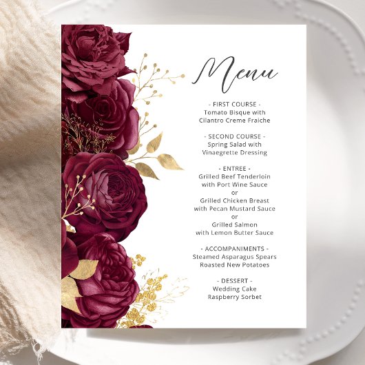 Menu de mariage à écriture florale dorée de Bourgo