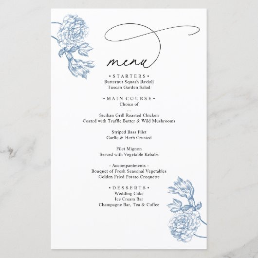 Menu de mariage à écriture moderne florale bleue v (Devant)