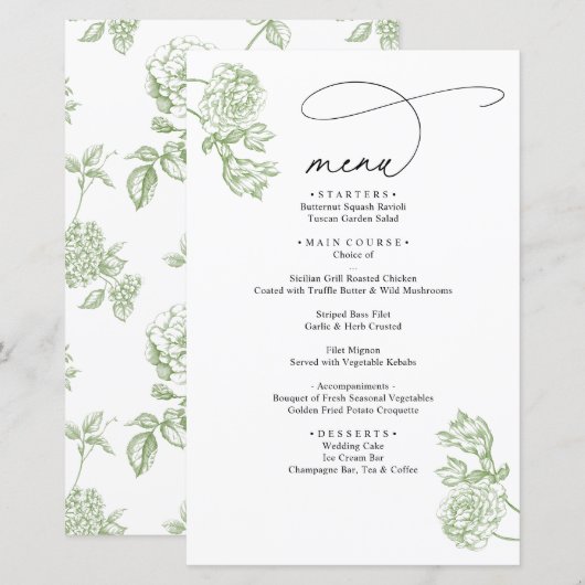 Menu de mariage à écriture moderne florale verte v (Devant / Derrière)