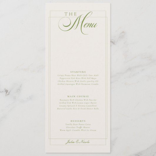 Menu de mariage à la calligraphie d'ivoire vert cl (Devant)