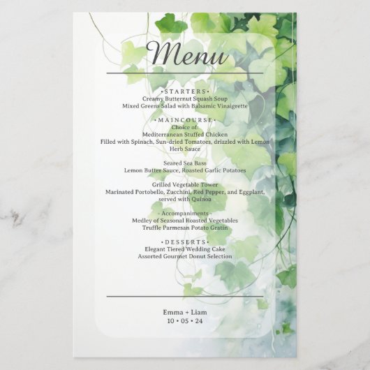Menu de mariage à la feuille verte élégante (Devant)