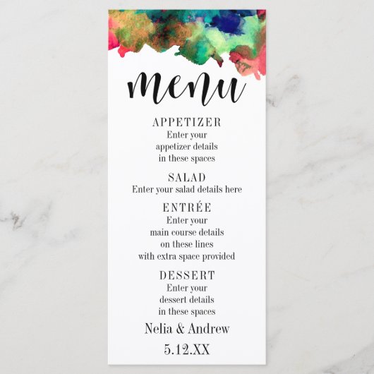 Menu de mariage à la typographie avec aquarelle co (Devant)