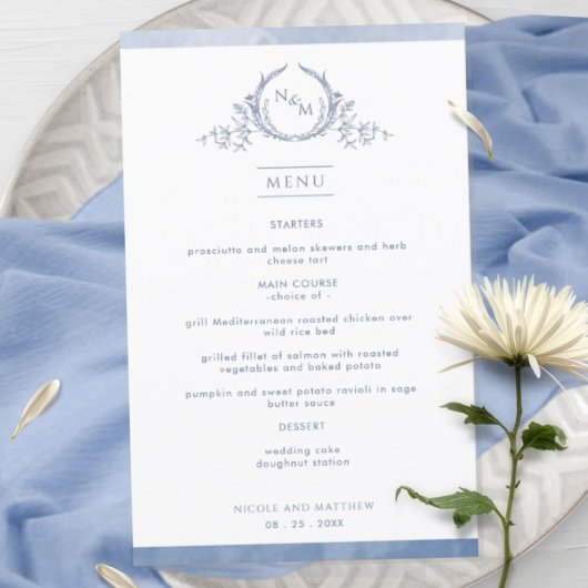 Menu de mariage à l'aquarelle avec monogramme bleu