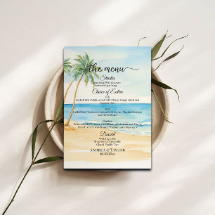Menu de mariage à l'aquarelle avec plage et palmie