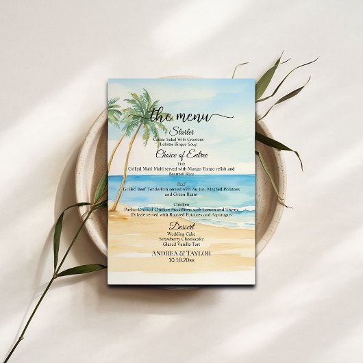 Menu de mariage à l'aquarelle avec plage et palmie