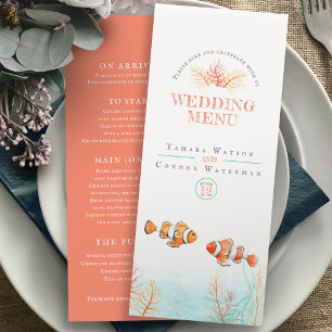 Menu de mariage à l'aquarelle corail poissons trop