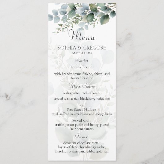 Menu de mariage à l'aquarelle eucalyptus botanique (Devant)