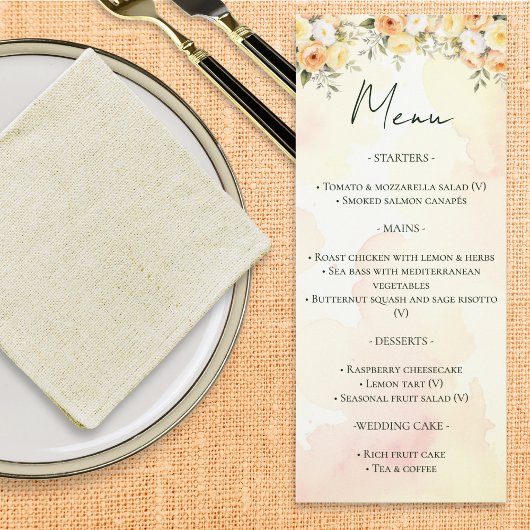 Menu de mariage à l'aquarelle florale rustique élé