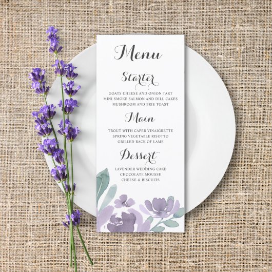 Menu de mariage à l'aquarelle florale violette Boh