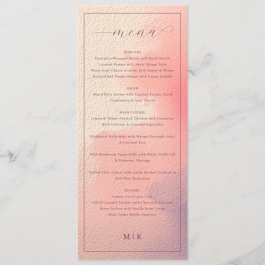 Menu de mariage à l'aquarelle pêche raffiné (Devant)