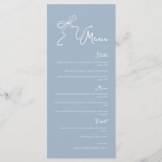 Menu de mariage à l'aquarelle poussiéreuse bleu av (Devant)