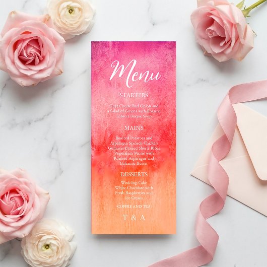 Menu de mariage à l'aquarelle rose chaud et orange