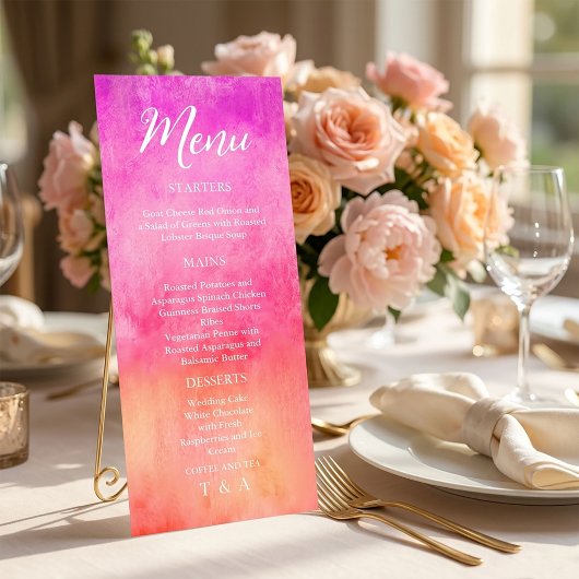 Menu de mariage à l'aquarelle rose chaud et orange