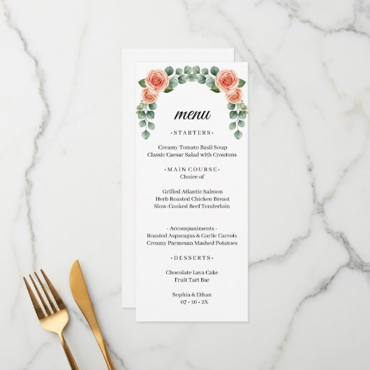 Menu de mariage à l'arche de rose eau-forte de pêc (Devant/Arrière en situation)
