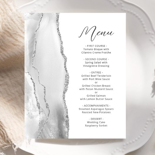 Menu de mariage à l'écriture argent gris agate Bud