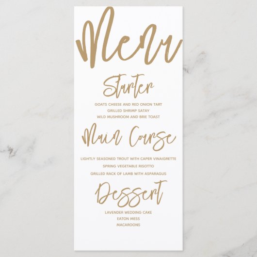 Menu de mariage à l'écriture calligraphique dorée (Devant)