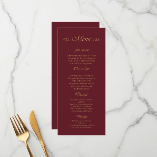 Menu de mariage à l'écriture dorée crème et Bourgo (Devant/Arrière en situation)