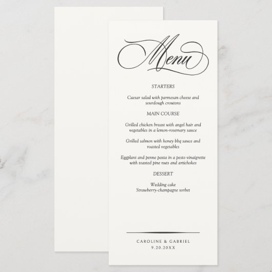 Menu de mariage à l'écriture élégante formelle (Devant / Derrière)