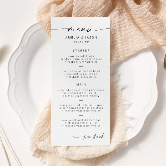 Menu de mariage à l'écriture élégante moderne