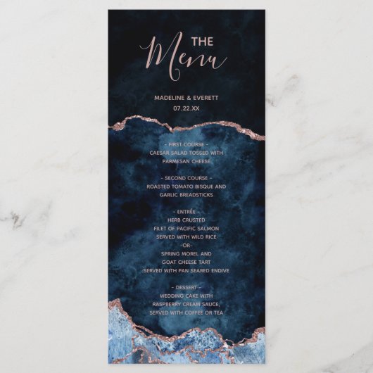 Menu de mariage à marbre d'agate en or rose bleu m (Devant)