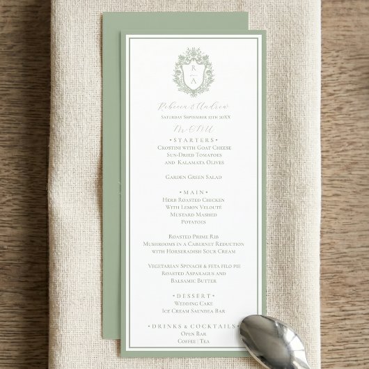 Menu de mariage à monogramme avec blason botanique