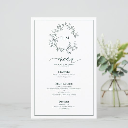 Menu de mariage à monogramme avec feuilles vert ém (Debout devant)