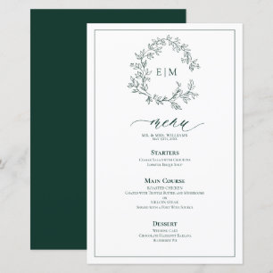 Menu de mariage à monogramme avec feuilles vert ém
