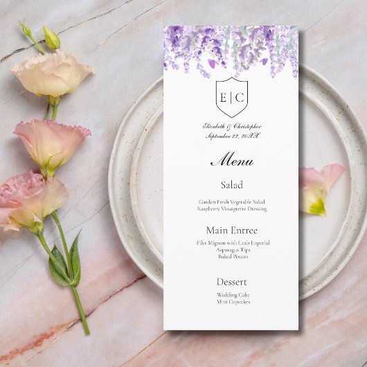 Menu de mariage à monogramme botanique à la lavand