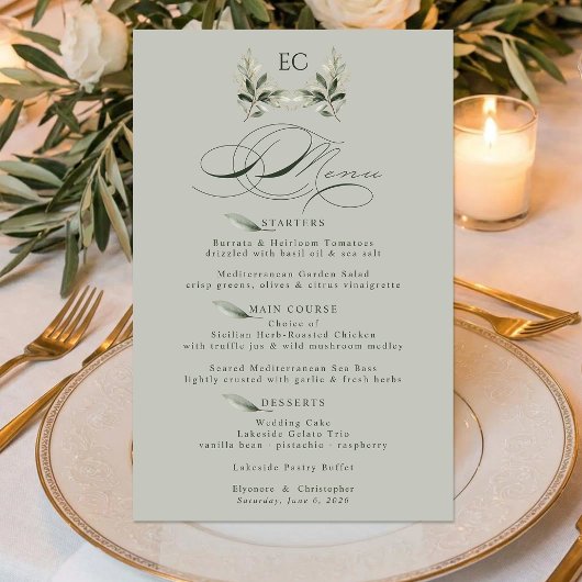 Menu de mariage à monogramme de branche d'olive ve