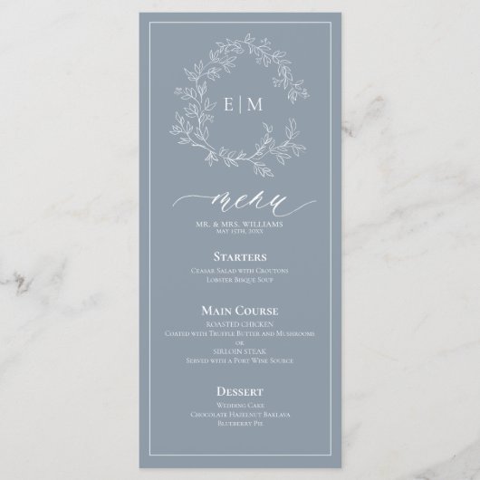 Menu de mariage à monogramme feuille poussiéreuse (Devant)