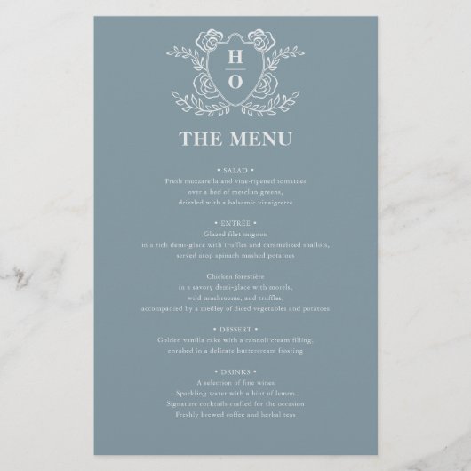 Menu de mariage à monogramme floral de blason vint (Devant)