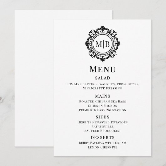 Menu de mariage à monogramme floral orné noir et b (Devant / Derrière)
