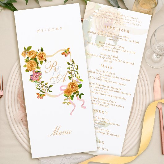 Menu de mariage à monogramme ruban rose or