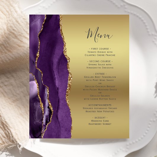 Menu de mariage à motif agate violet et feuille d'